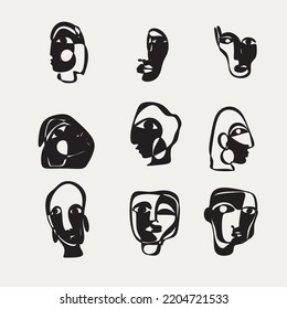 Cubismo rostro abstracto, dibujo de líneas, retrato de moda, diseño minimalista de moda. Obra contemporánea monocromática