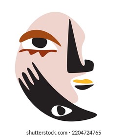 Cubismo rostro abstracto, dibujo de líneas, retrato de moda, diseño minimalista de moda. Obra contemporánea monocromática