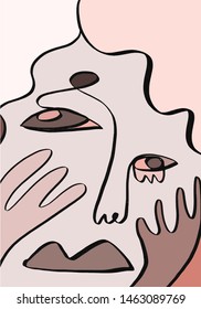 Cubism art. Portrait in colorful style. Contemporary composition. Line drawing abstract face. Modern digital art
