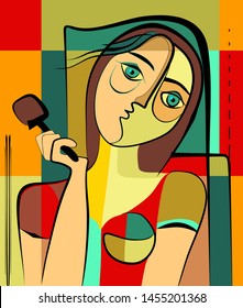 cubism art style, woman with chocolate in hand