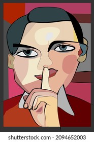 cubism art style,man asks silence close-up