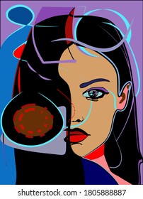 cubism art style,portrait of woman with long black hair