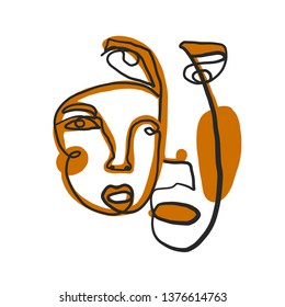 Cubism artwork one line drawing. Abstract face in modern continuous line style. Minimalism logo isolated on white background. Contemporary creative portrait
