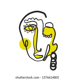 Cubism artwork one line drawing. Abstract face in modern continuous line style. Minimalism logo isolated on white background. Contemporary creative portrait