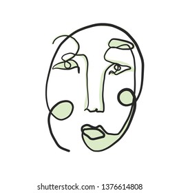 Cubism artwork one line drawing. Abstract face in modern continuous line style. Minimalism logo isolated on white background. Contemporary creative portrait