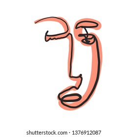 Cubism artwork one line drawing. Abstract face in modern continuous line style. Minimalism logo isolated on white background. Contemporary creative portrait