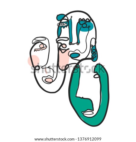 Cubism artwork one line drawing. Abstract face in modern continuous line style. Minimalism logo isolated on white background. Contemporary creative portrait