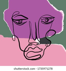 Cubism face. Contemporary collage of continuous line face with abstract colorful shapes. Creative design for wall art, poster, labels, t-shirt prints, phone cases and stationery