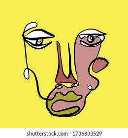 Cubism face. Contemporary collage of continuous line face with abstract colorful shapes. Creative design for wall art, poster, labels, t-shirt prints, phone cases and stationery