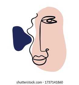 Cubism face. Contemporary collage of continuous line face with abstract colorful shapes. Creative design for wall art, poster, labels, t-shirt prints, phone cases and stationery