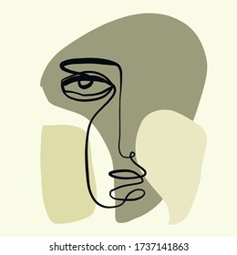 Cubism face. Contemporary collage of continuous line face with abstract colorful shapes. Creative design for wall art, poster, labels, t-shirt prints, phone cases and stationery