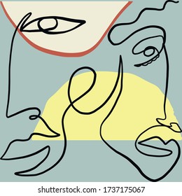 Cubism face. Contemporary collage of continuous line face with abstract colorful shapes. Creative design for wall art, poster, labels, t-shirt prints, phone cases and stationery
