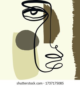 Cubism face. Contemporary collage of continuous line face with abstract colorful shapes. Creative design for wall art, poster, labels, t-shirt prints, phone cases and stationery