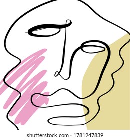 Cubism face. Contemporary collage of continuous line face with abstract colorful shapes. Creative design for wall art, poster, labels, t-shirt prints, phone cases and stationery