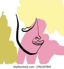Cubism face. Contemporary collage of continuous line face with abstract colorful shapes. Creative design for wall art, poster, labels, t-shirt prints, phone cases and stationery