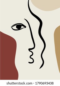 Cubism face. Contemporary collage of continuous line face with abstract colorful shapes. Creative design for wall art, poster, labels, t-shirt prints, phone cases and stationery