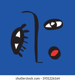 Cubism face. Contemporary continuous line face with abstract colorful shapes. Creative design for wall art, poster, labels, t-shirt prints, phone cases and stationery