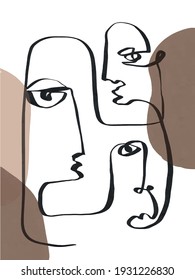 Cubism face. Contemporary continuous line face with abstract colorful shapes. Creative design for wall art, poster, labels, t-shirt prints, phone cases and stationery