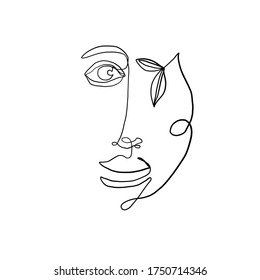 Cubism face. Continuous abstract line with leaves. Creative design for wall art, poster, labels, t-shirt prints, phone cases and stationery