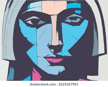 cubism face illustration of a woman in cold colors