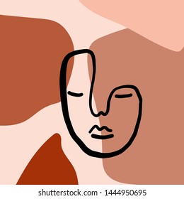 Cubism face, linear portrait. Textures with different pastel colors shapes and doodle elements. Bohemian female icon. 