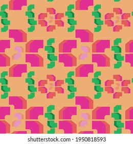 Cubism, geometric flower vector in pink, orange, and green. Seamless pattern.
