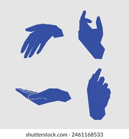 Cubism Hands poses hand holding and pointing gestures, fingers crossed, fist, peace and thumb up. Cartoon human palms and wrist vector set. Communication or talking with emoji for messengers