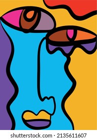 Cubism Linear Abstract Face. Colorful Modern Trendy Art. 