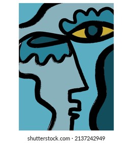 Cubism Linear Abstract Face. Colorido Arte Moderno De Moda. Decoración De Arte Imprimible, Pinturas De Arte Abstracto, Muro Moderno, Regalo De Calentamiento De Casa. 