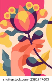 Cubism minimalist poster. Abstract creativity and art in retro style. Hand with colorful flower. Beauty, aesthetics and elegance. Template and layout. Cartoon flat vector illustration