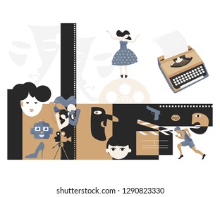 Cubism Styled Vector Illustration for Indie Movie Film Festivals or Independent Filmmakers. Indie cinematography cinema film making scriptwriting screenwriting vintage concept.