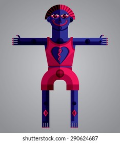 Cubism theme vector graphic illustration, modernistic symbol. Geometric cartoon character, mythic creature or shaman. Colorful drawing of  pagan idol.
