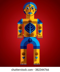 Cubism theme vector graphic illustration, modernistic symbol. Geometric cartoon character, mythic creature or shaman. Colorful drawing of  pagan idol.