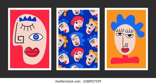 Cubism Wall art. Surrealistic Abstract Woman Face Posters Set. Female print collection. creative funny modern abstract style. Contemporary People Faces artwork, Hand drawn trendy vector illustrations