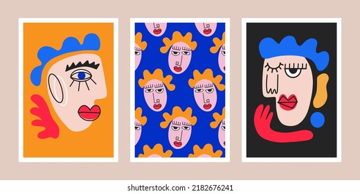 Cubism Wall art. Surrealistic Abstract Woman Face Posters Set. Female print collection. creative funny modern abstract style. Contemporary People Faces artwork, Hand drawn trendy vector illustrations