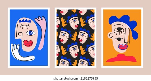 Cubism Wall art. Surrealistic Abstract Woman Face Posters Set. Female print collection. creative funny modern abstract style. Contemporary People Faces artwork, Hand drawn trendy vector illustrations