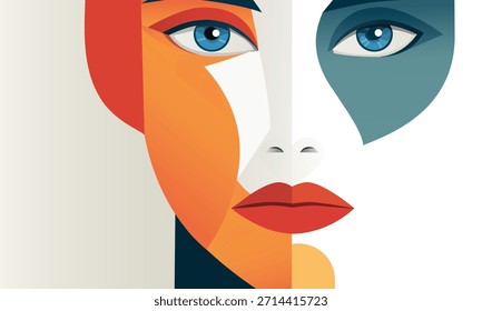 Cubist female portrait, angular abstraction. Bright colors, large facial features. Ideal for fashion and cosmetics design. Vector graphics. Art Nouveau. Isolated on white background.