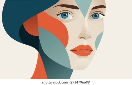  Cubist female portrait, angular abstraction. Vibrant colors. Blue eyes, red lips. Ideal for fashion and cosmetics design. Vector art. Isolated on white background.