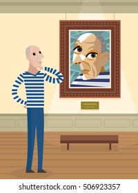 cubist painter with portrait in the museum