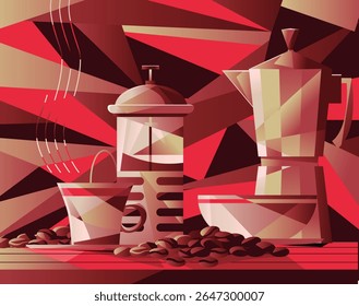 cubist scene of coffee, french and italian press and cup