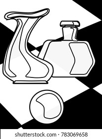 A cubist type drawing of a vase, a paper weight and a bottle set against a black and white check background
