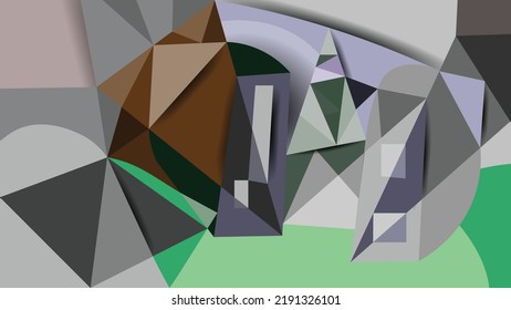 Cubist vector wallpaper. Contiguous geometric shapes. Triangles, cuboids, arcs. Vector cubist art. Home decoration.