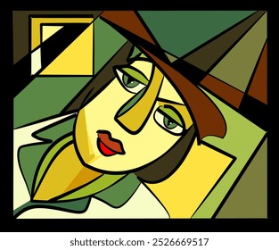 Cubist-style depiction of a person features geometric shapes and bold lines, with a palette dominated by greens and browns. The subject wears a hat and displays a calm expression.