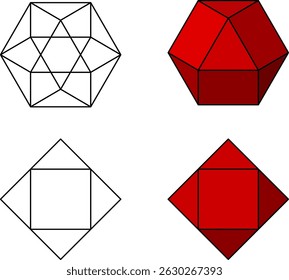 Cuboctahedron  vector set , 3D Geometric Shapes Vector Drawing , 3D Mathematical Polyhedra Set
