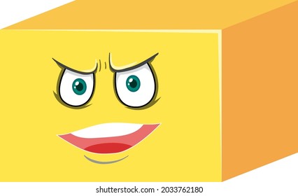 Cuboid cartoon character with face expression on white background illustration