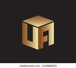 cuboid logo design combining the letter U and letter A in gold