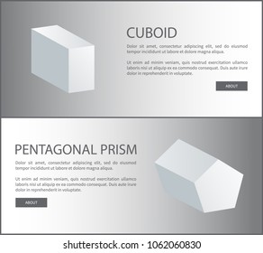 Cuboid and pentagonal prism vector 3D shaped on web posters with push buttons. Pentagonal prism and cuboid geometric shapes vector geometry concept