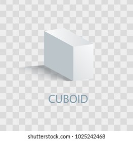 Cuboid white geometric figure that casts shade. Three-dimensional shape of white color. Parallelepiped cuboid with even opposite sides vector illustration on transparent background
