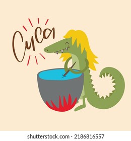 Cuca.  Fantastic alligator Creature of Brazilian Folklore. Brazilian Portuguese Hand Lettering Calligraphy. Vector. Brazilian legends and tales.