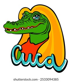 Cuca. Folklore of Brazil. Fantastic alligator, female with long yellow hair, frightening children, character of Brazilian legends and tales. Vector isolated illustration with lettering.